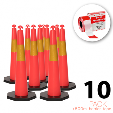 (Pakke med 10) - Flexibarrier T-Top trafikk-kjegle med base + 500m Barrieretape
